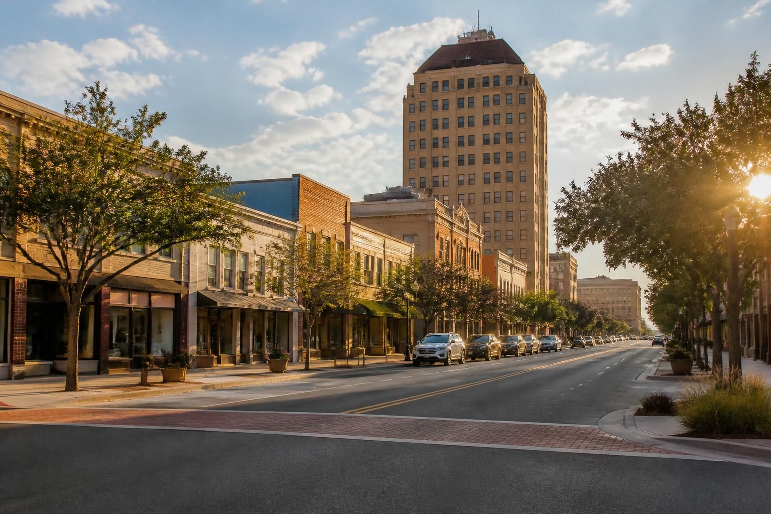 Abilene streetscape with tidy buildings and warm afternoon light.