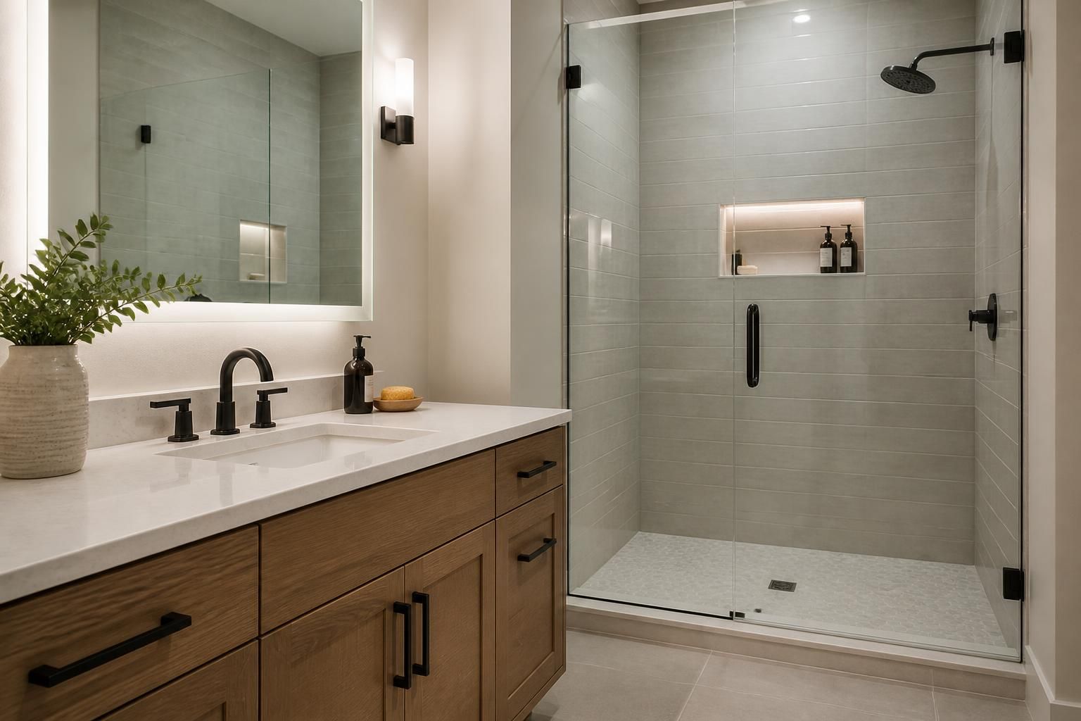 Modern bathroom remodel with tile, vanity, and shower enclosure.