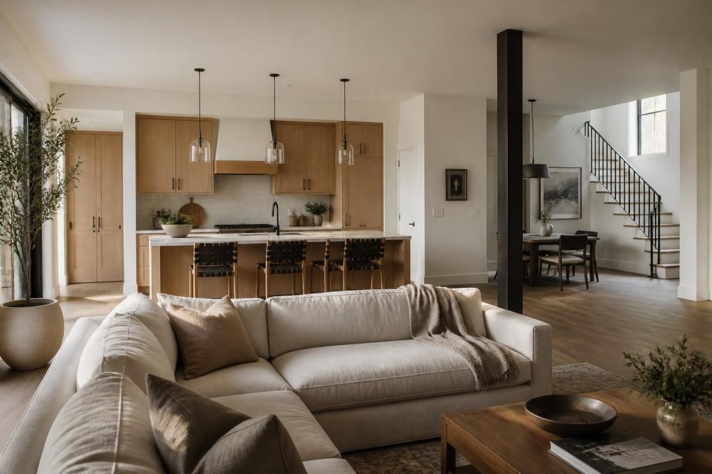 Finished open-concept kitchen and living area with natural light.