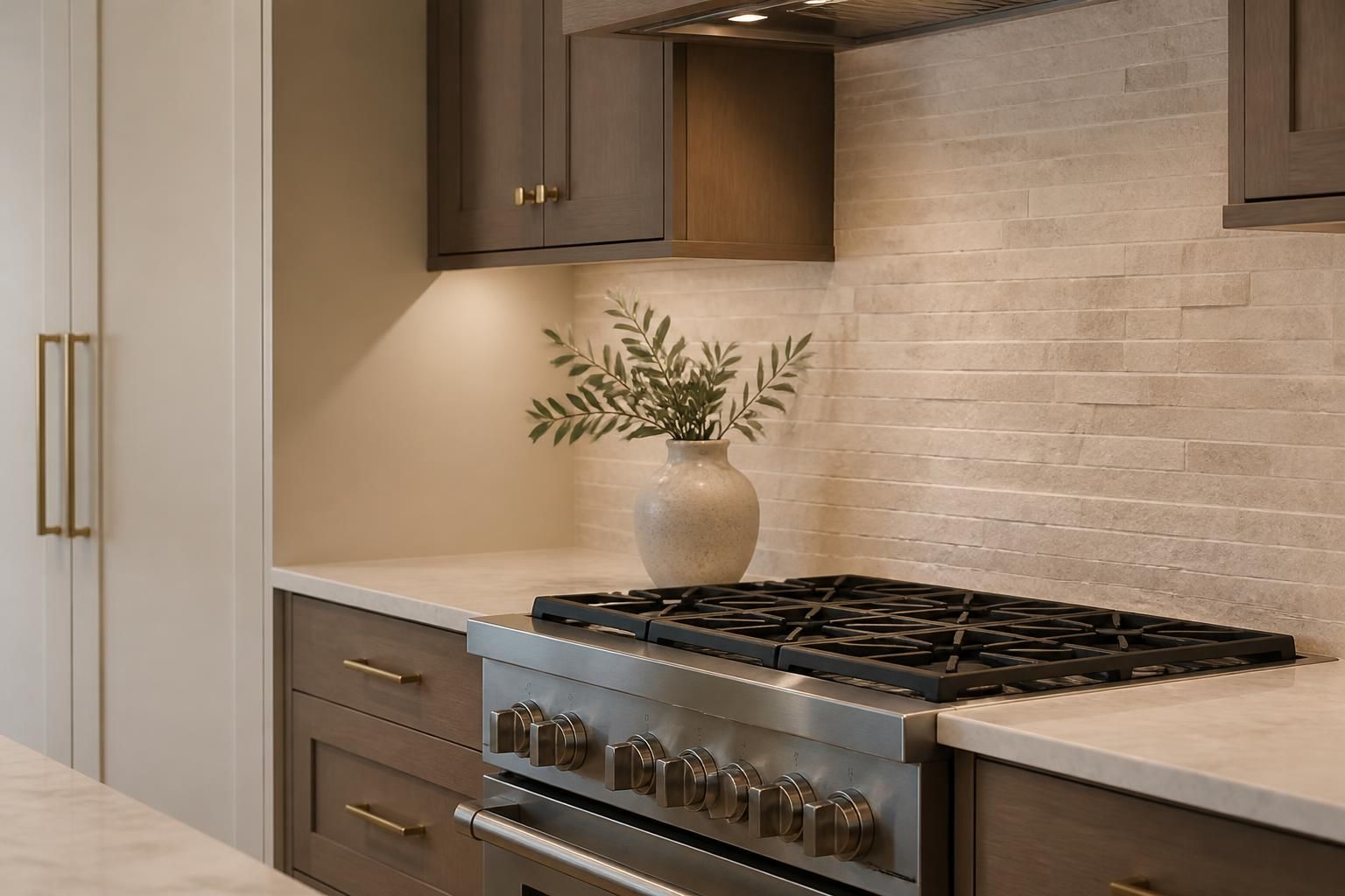 Finished kitchen remodel with cabinetry, countertops, and backsplash.