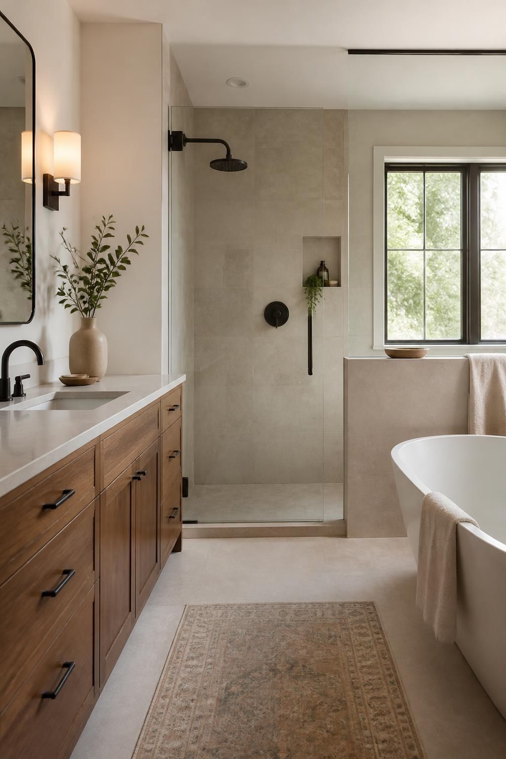 Modern remodeled bathroom with clean finishes and soft natural light.