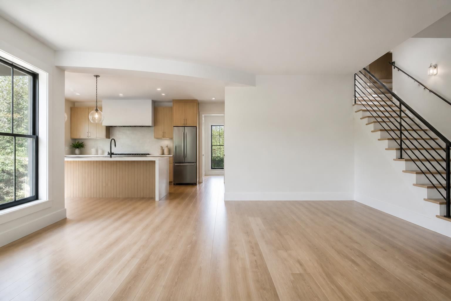 Bright finished renovation interior with open space for text.