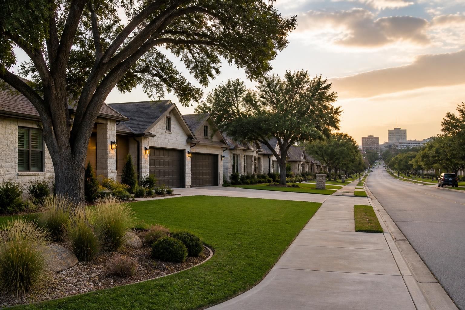 San Angelo neighborhood with modern homes and mature trees.